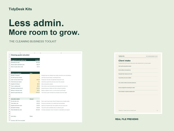 Actual quote calculator and client intake previews from the TidyDesk Kits bundle
